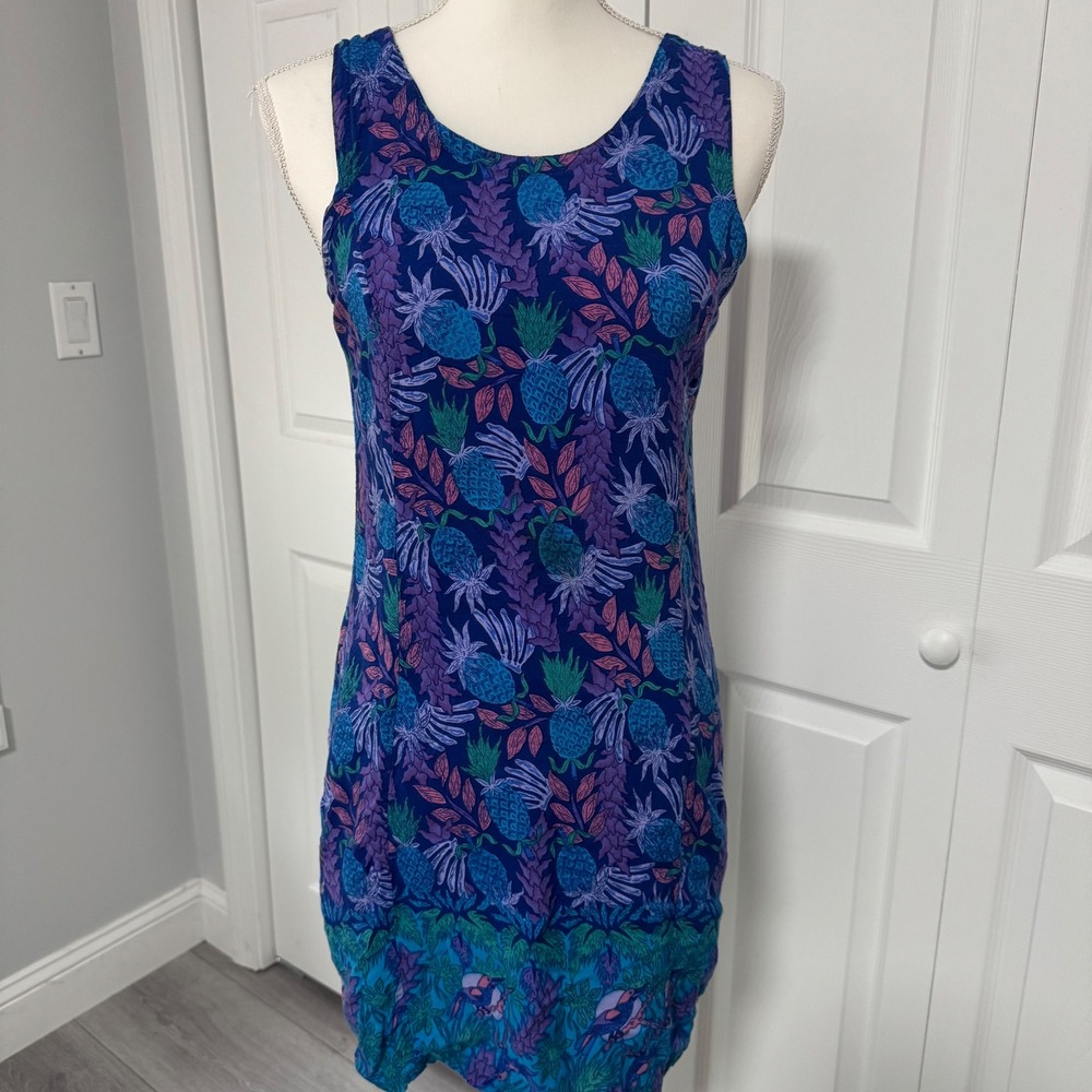 Rainbow Jo Maui Hawaii Pineapple Tropical Bird Print Sleeveless Shift Dress Blue